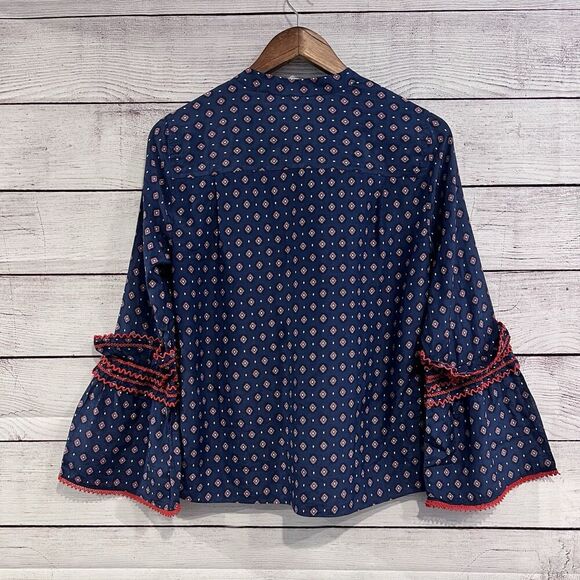 J Crew Embroidered Bell Sleeve Silk Blend Top Boho Size 4 Long Sleeve Ruffle - Picture 11 of 11
